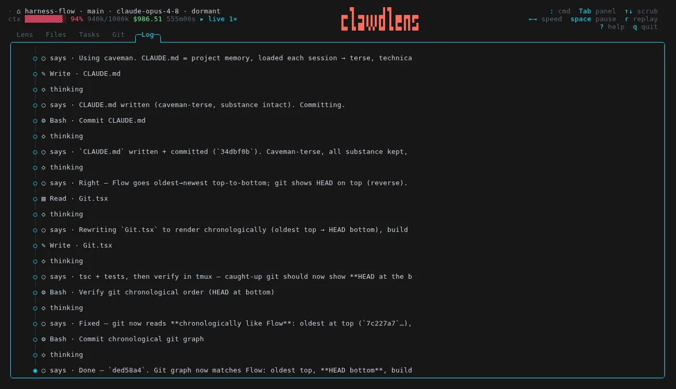ClawdLens Log panel — the raw event stream of thinking, text, tool, skill and result beats with an energy pulse while the timeline moves