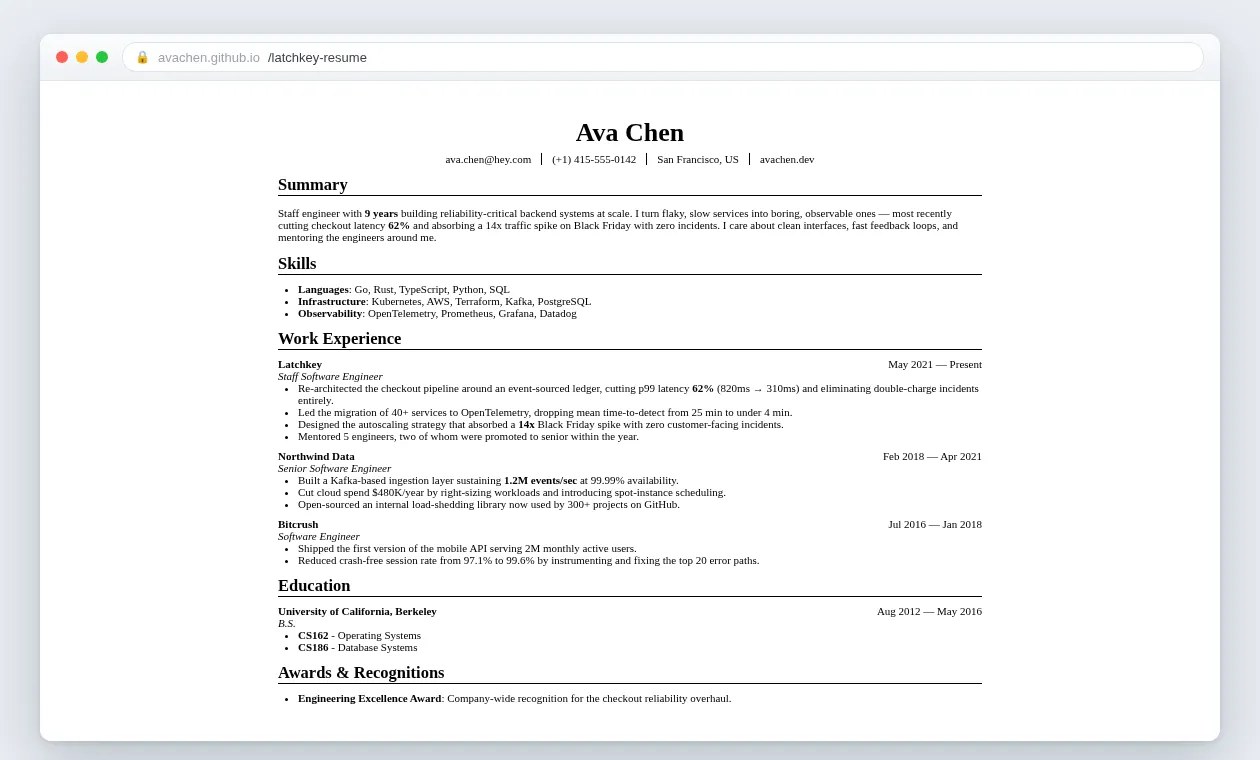 resume-as-code — the generated, ATS-clean resume website published to GitHub Pages